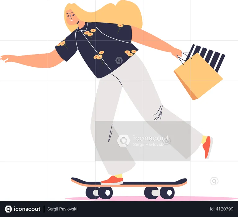 Woman on skate holding shopping bags  Illustration