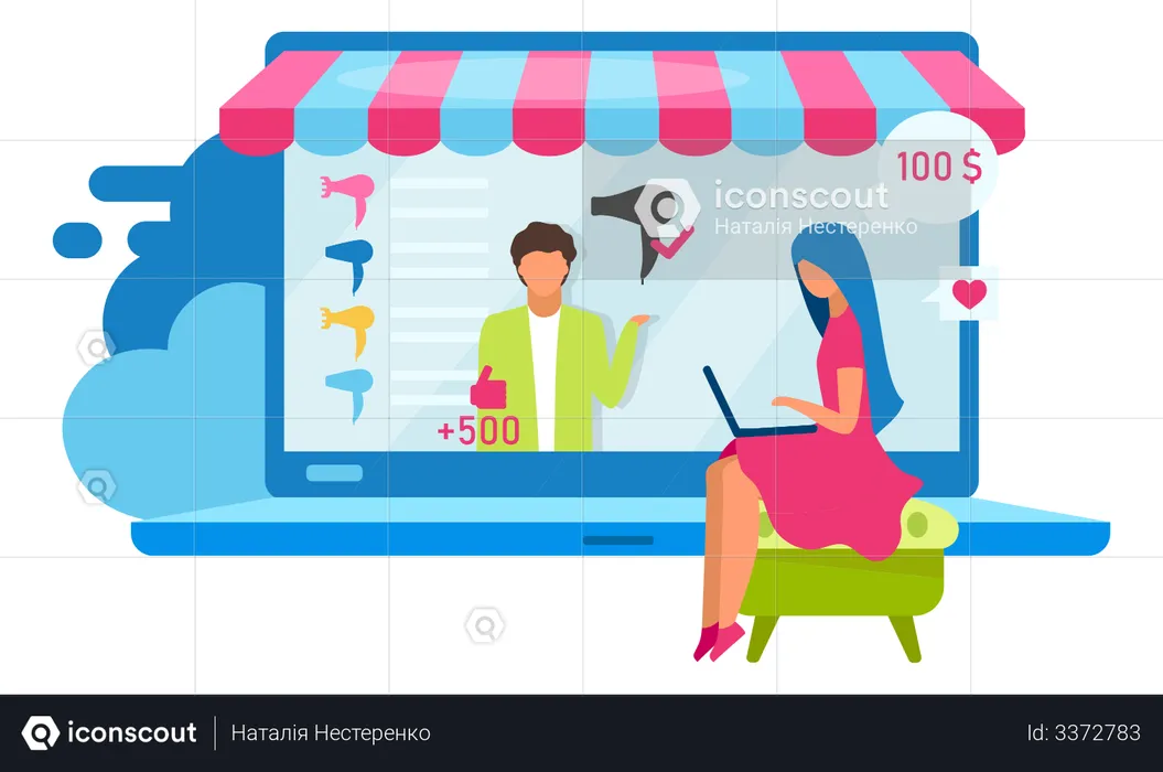 Woman online buying fashion appliances  Illustration