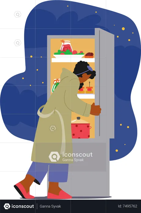 Woman Open Fridge In Search Of Midnight Snack  Illustration