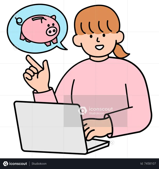 Woman Opening Computer and Discussing Piggy Bank  Illustration