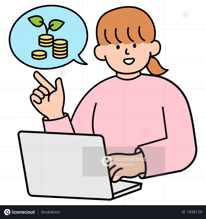 Woman Opening Computer to Check Savings  Illustration
