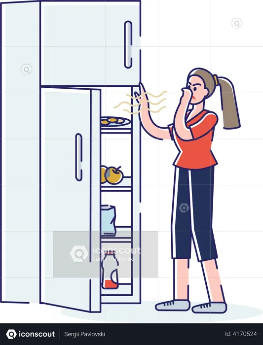 Woman opening fridge with spoiled smelly food covering nose to protect from stink  Illustration