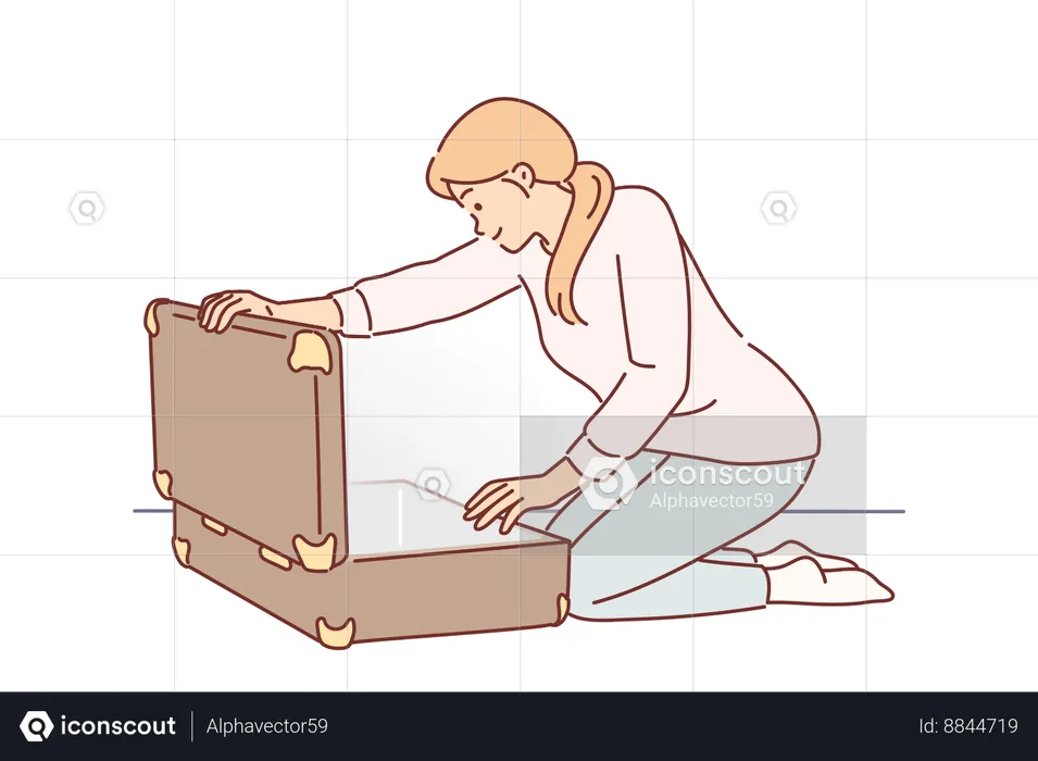 Woman opens large suitcase and sees glow  Illustration