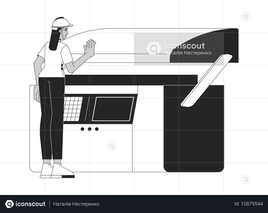 Woman operator working on hydraulic press brake machine  Illustration