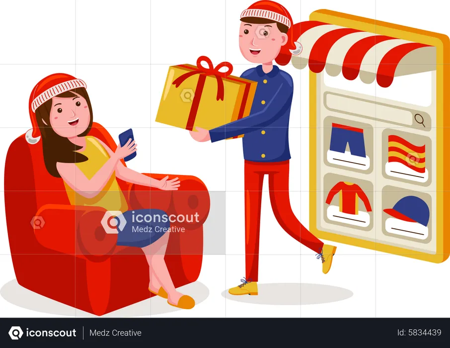 Woman order online on christmas sale  Illustration