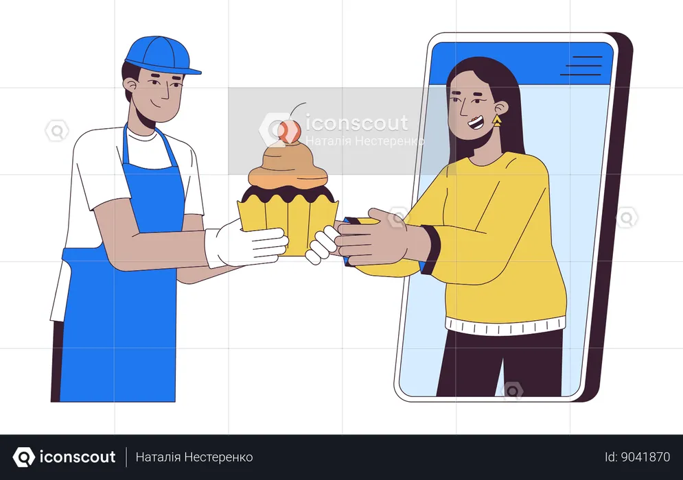 Woman ordering cakes online from baker  Illustration