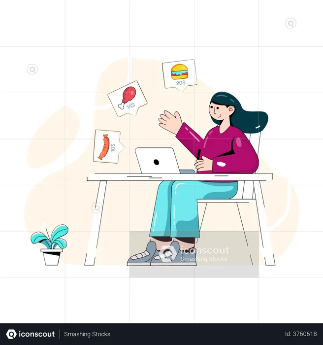 Woman ordering food online using laptop  Illustration