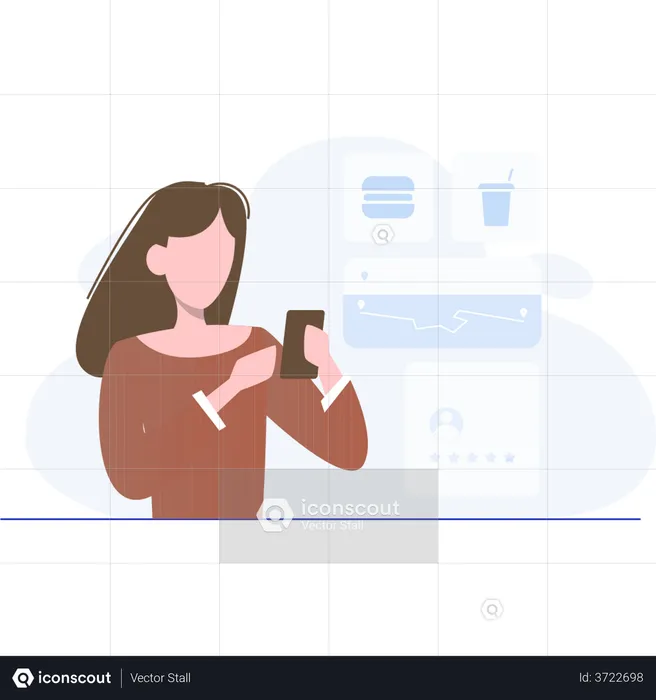Woman ordering meal using smartphone app  Illustration