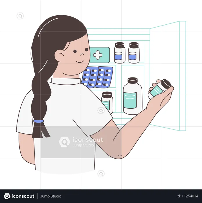 Woman Organising Medication on Shelf  Illustration