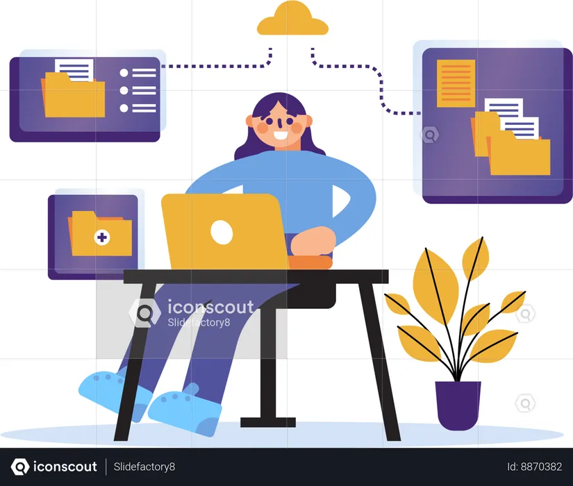 Woman organizing files and folders in cloud storage  Illustration