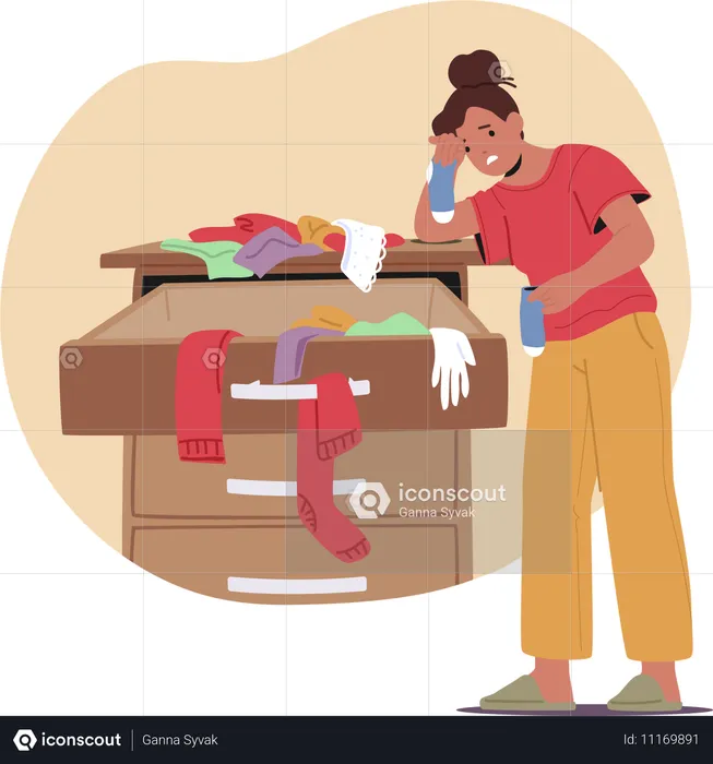 Woman Organizing Messy Drawer Filled With Clothes  Illustration