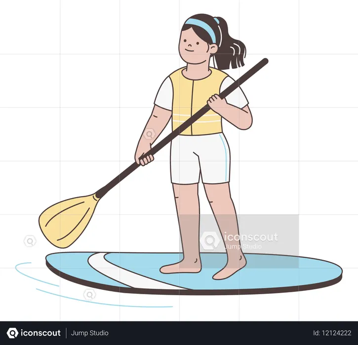 水中でパドルボードを楽しむ女性  イラスト