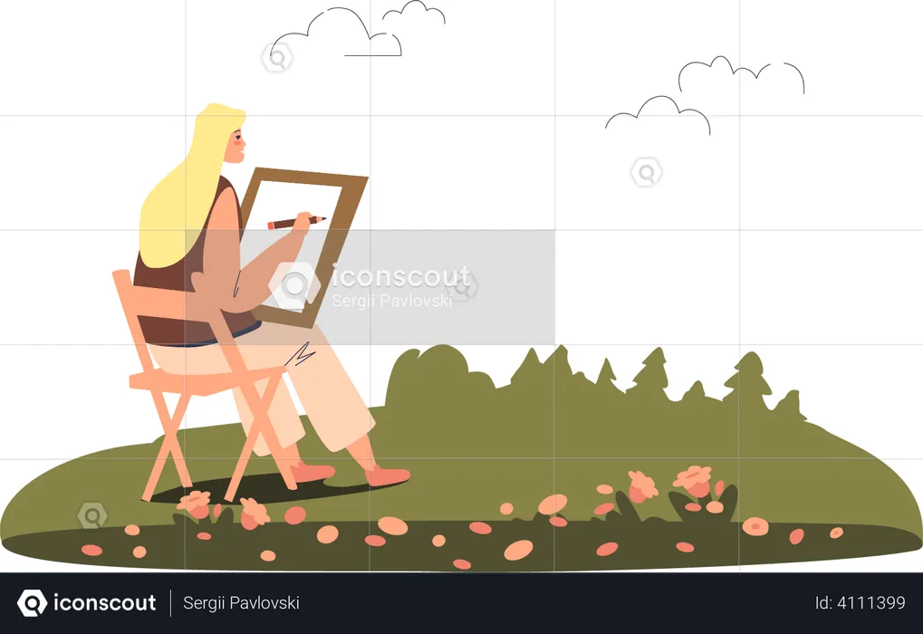 Woman painter drawing picture  Illustration