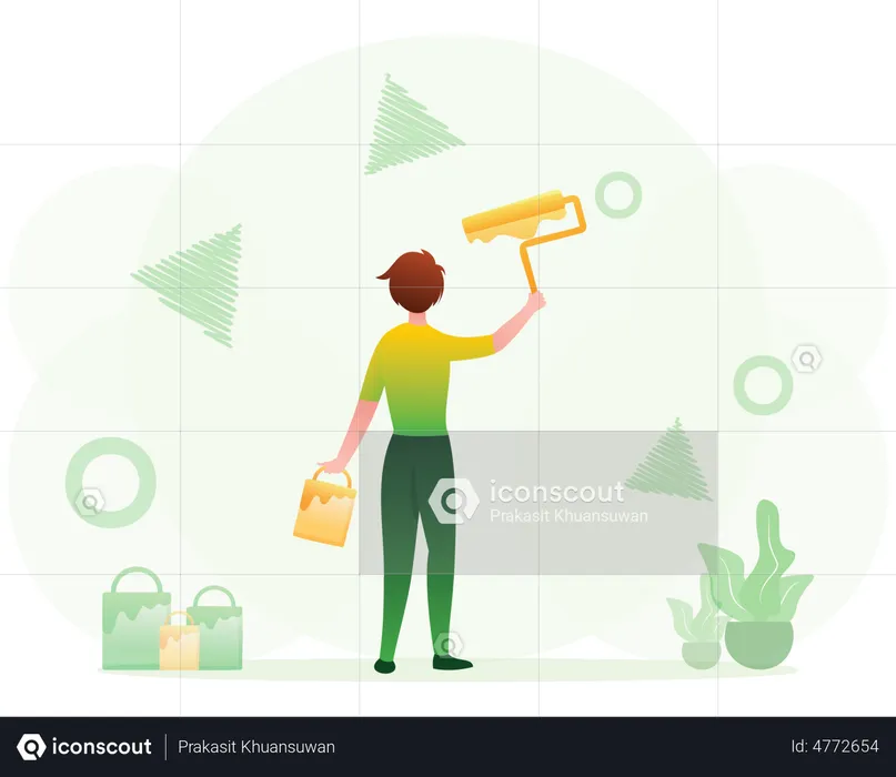Woman painter with roller and paint bucket  Illustration
