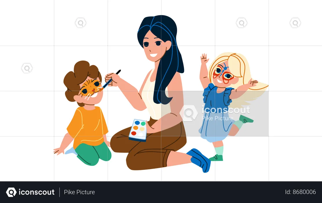Woman Painting Children Face With Paint  Illustration