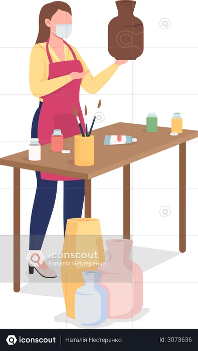 Woman painting clay vase  Illustration