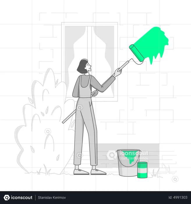 Woman paints the walls of a house  Illustration