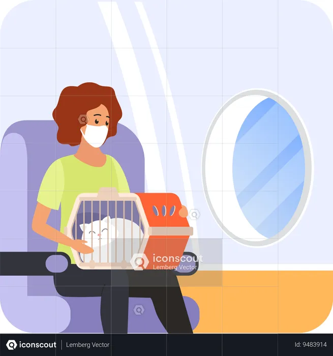 Woman Passenger with cat on flight  Illustration