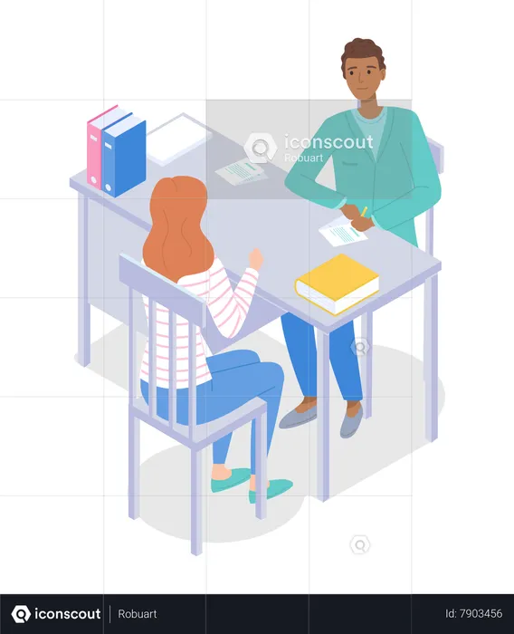 Woman patient sitting at chair and talking with doctor  Illustration