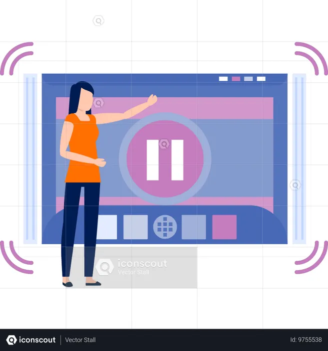タブでビデオを一時停止する女性  イラスト