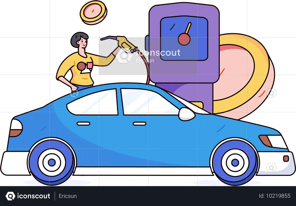 Woman paying currency coin at fuel pump  Illustration