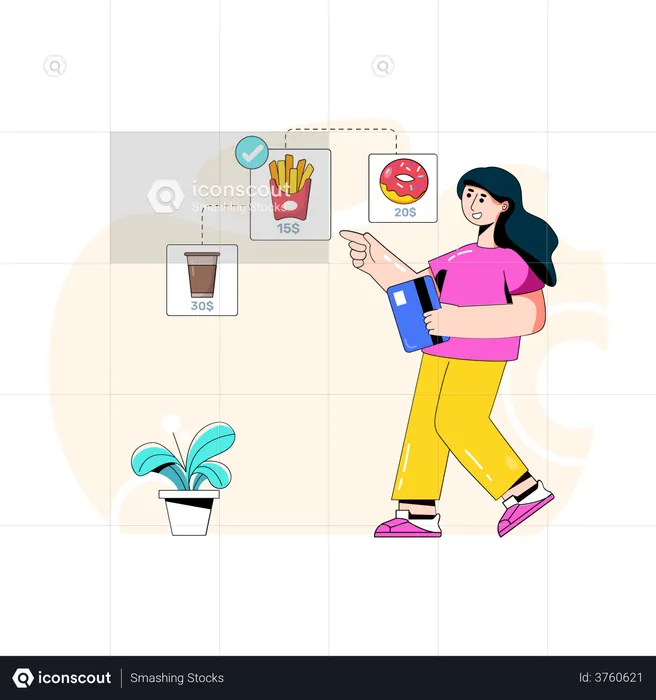Woman paying food payment by card  Illustration