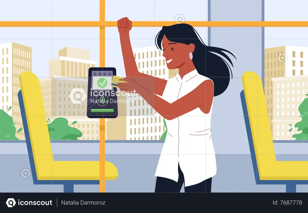 Woman paying for public transport using tap to pay  Illustration