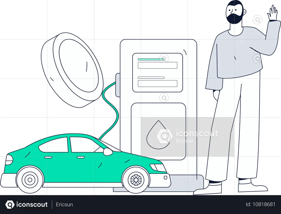 車の燃料補給に金貨を払う女性  イラスト