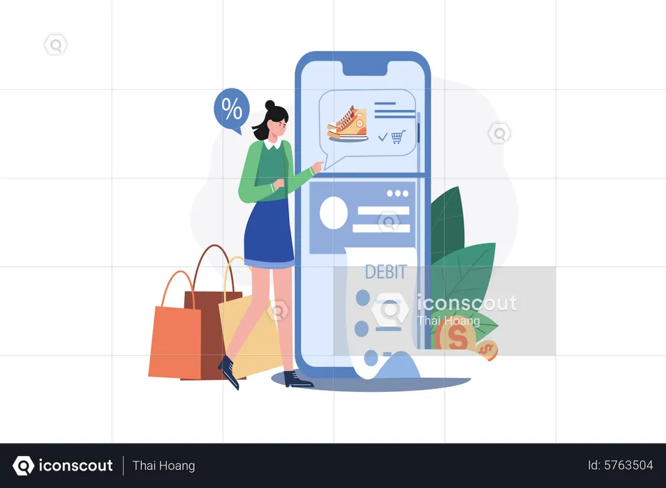 Woman paying online through debit card  Illustration