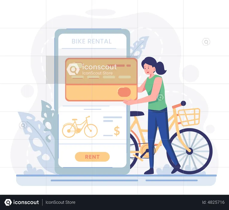 Woman paying rent for bike using card  Illustration