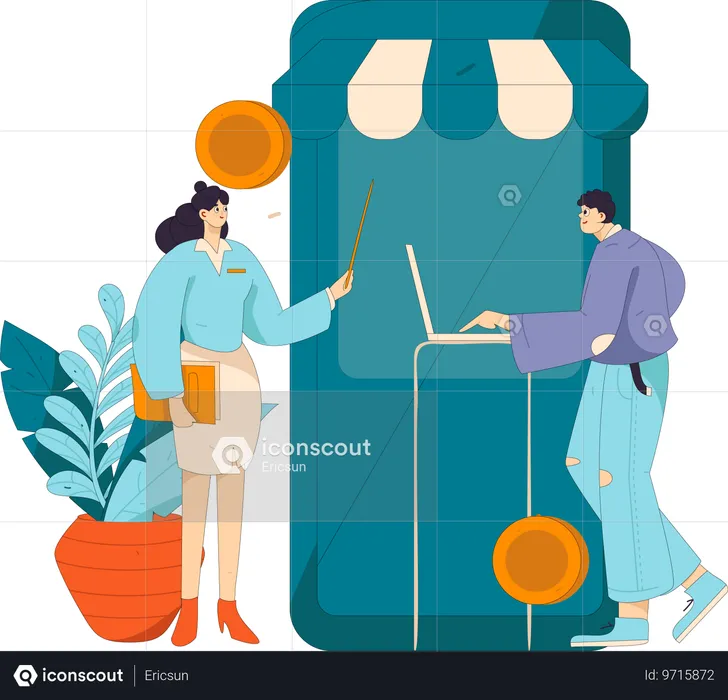 Woman paying shopping invoice digitally  Illustration