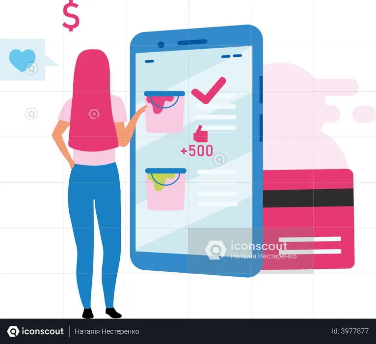 Woman paying via card payment for online purchase  Illustration