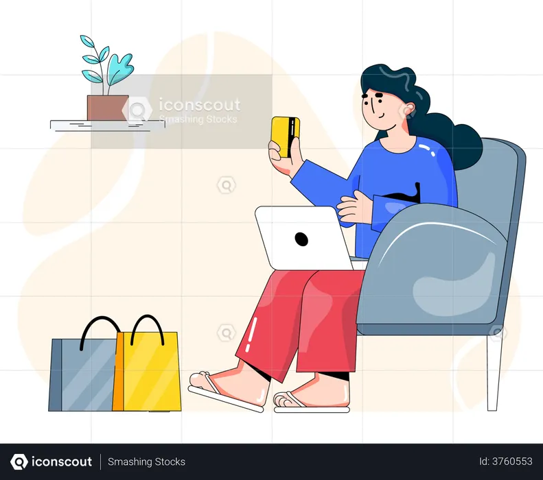Woman paying via cart while shopping online  Illustration