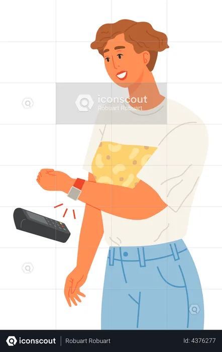 Woman paying via smartwatch through POS terminal  Illustration