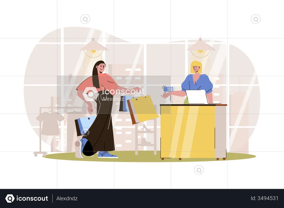 Woman pays for her purchases at checkout  Illustration