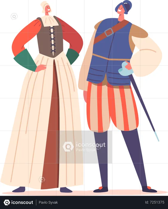 Woman Peasant and Man Soldier Wear Costumes Of The Renaissance Era  Illustration