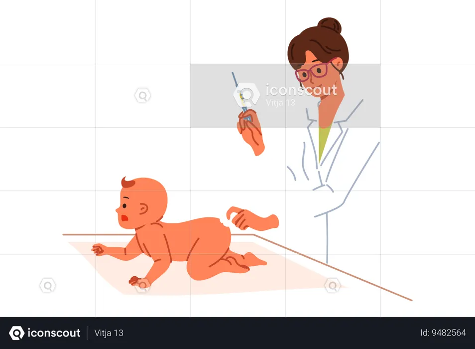 Woman pediatrician gives injection in butt of infant to preventively protect newborn from viruses  Illustration