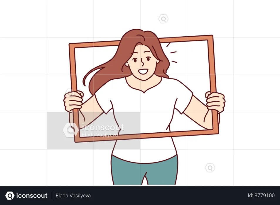Woman peeks out of image album  Illustration