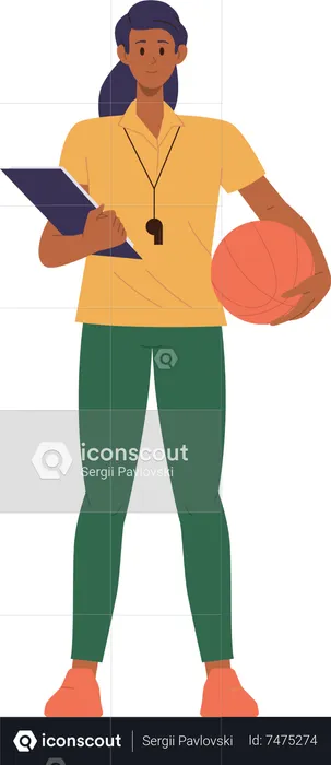 Woman physical education teacher holding ball and clipboard standing  Illustration