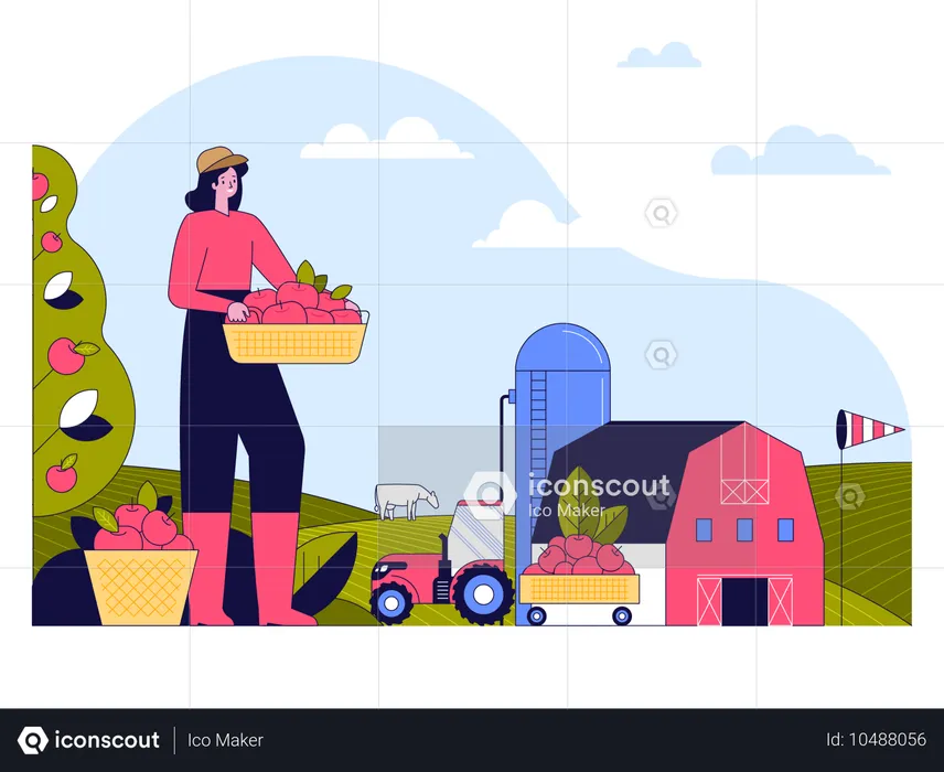 Woman picking apples and harvest at garden  Illustration