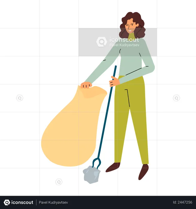 Woman picking up garbage from street with trash picker tool into plastic bag  Illustration