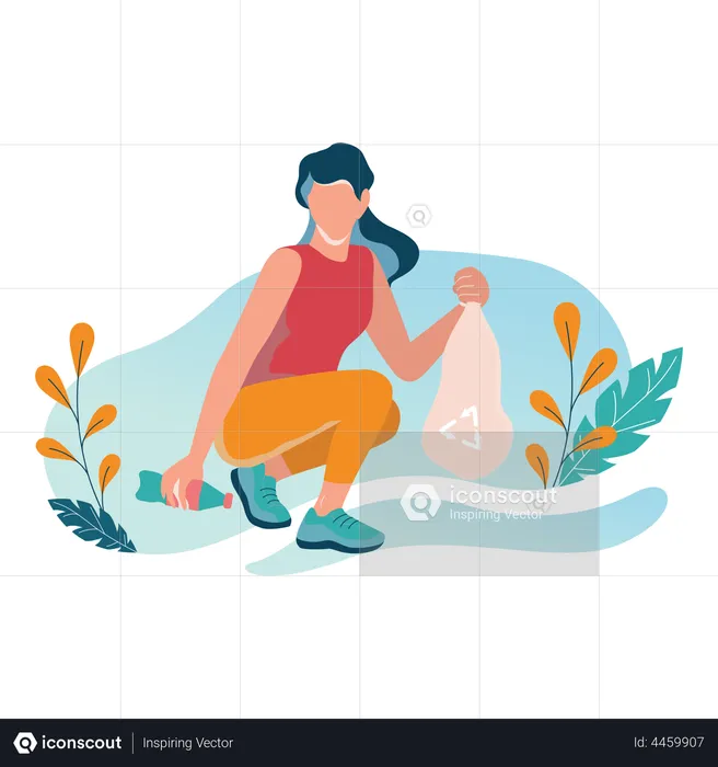 Woman picking up waste during morning jogging  Illustration