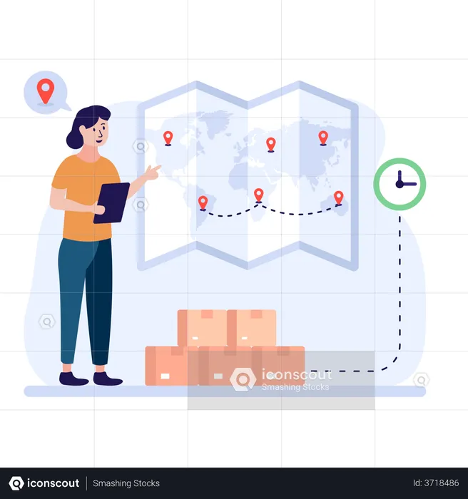 Woman placing shipment locations on a map  Illustration