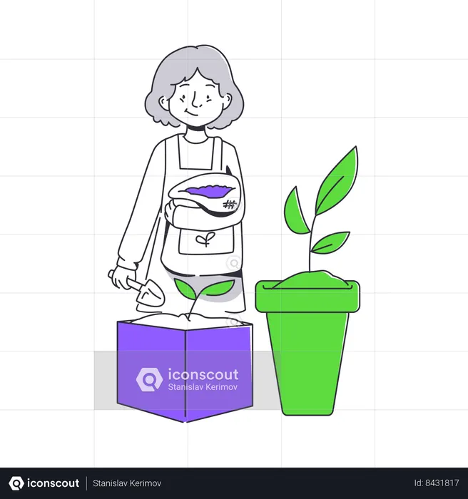 Woman planted plant in pot  Illustration