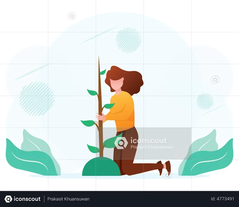 Woman planting and caring of tree  Illustration