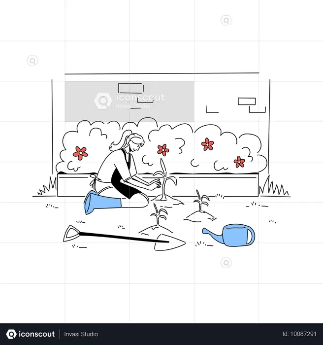 정원에 식물을 심는 여성  일러스트레이션