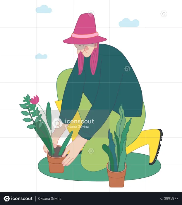 Woman planting a flower.  Illustration
