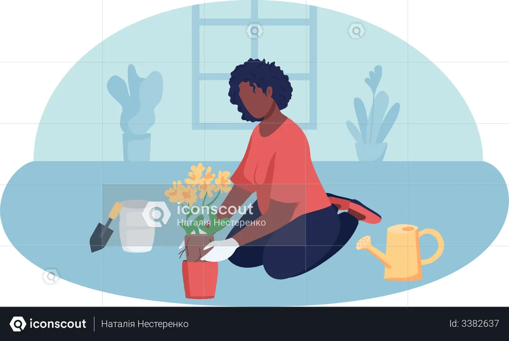Woman planting tree in house  Illustration
