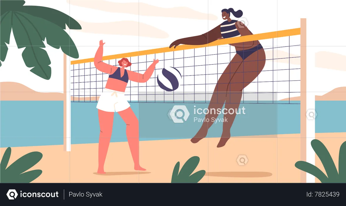 Woman play beach volleyball on Sandy shores  Illustration