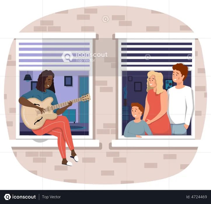 Woman Playing A Guitar and family enjoying  Illustration